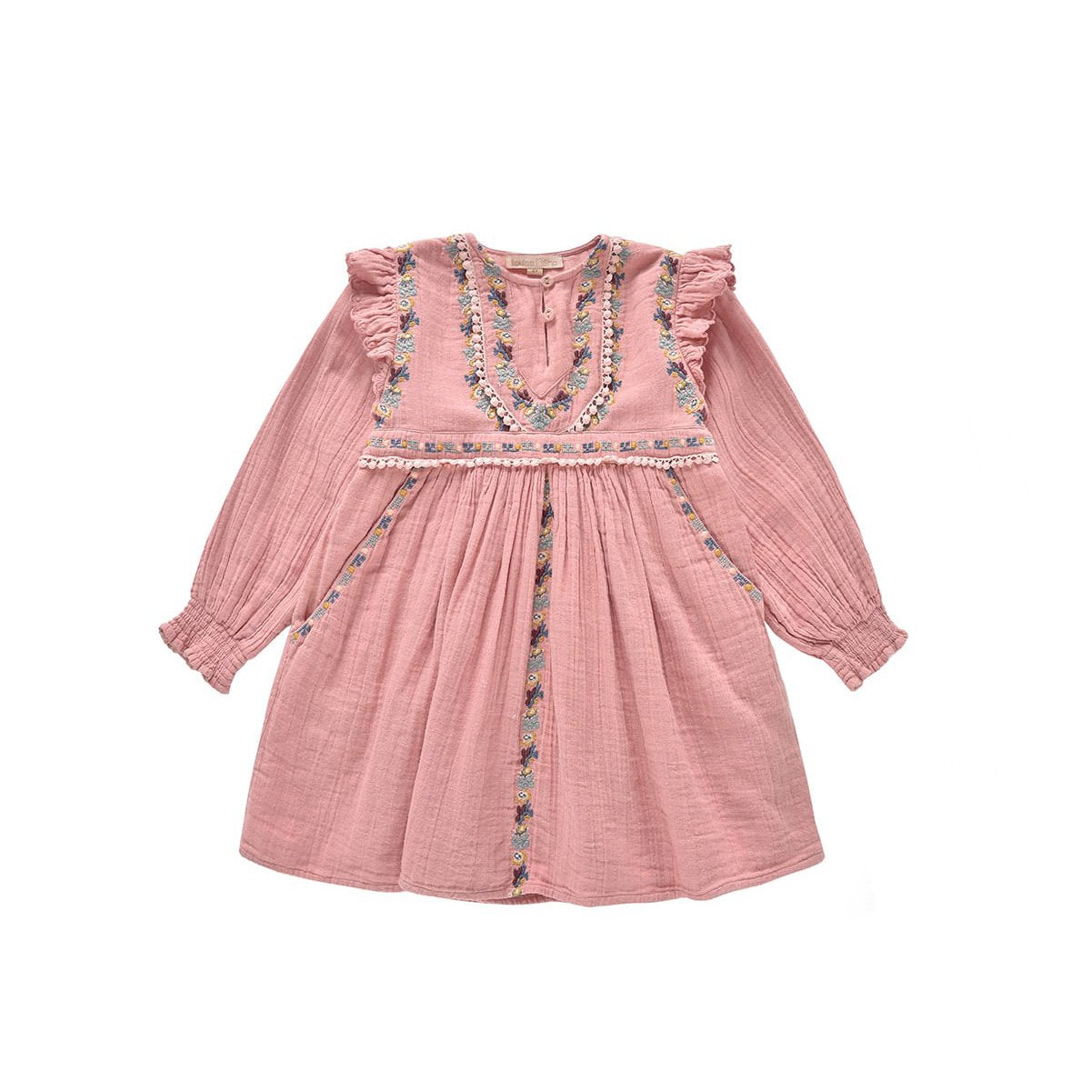 女童粉色刺绣棉连衣裙