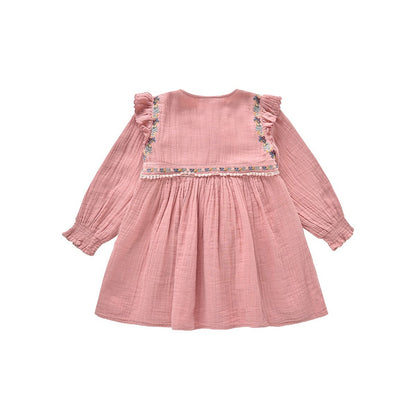 女童粉色刺绣棉连衣裙