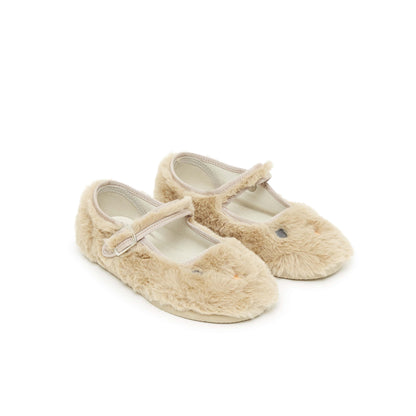 女童米色搭扣毛毛鞋