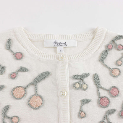 Girls White Cherry Cotton Cardigan