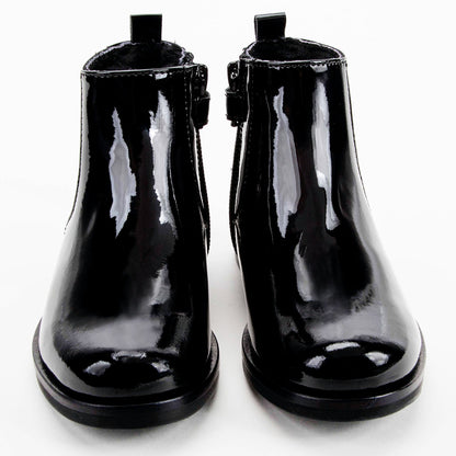 Girls Black Patent Leather Ankle Boots With Wool