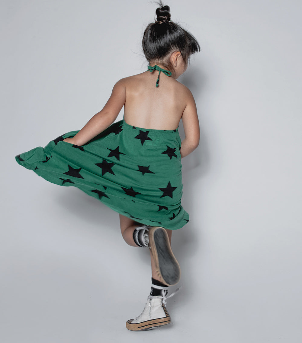 女童绿色星星棉连衣裙