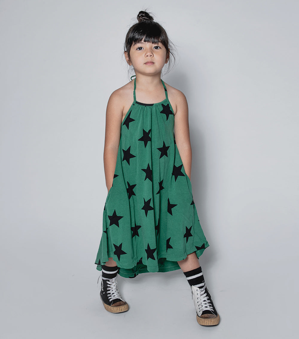 女童绿色星星棉连衣裙
