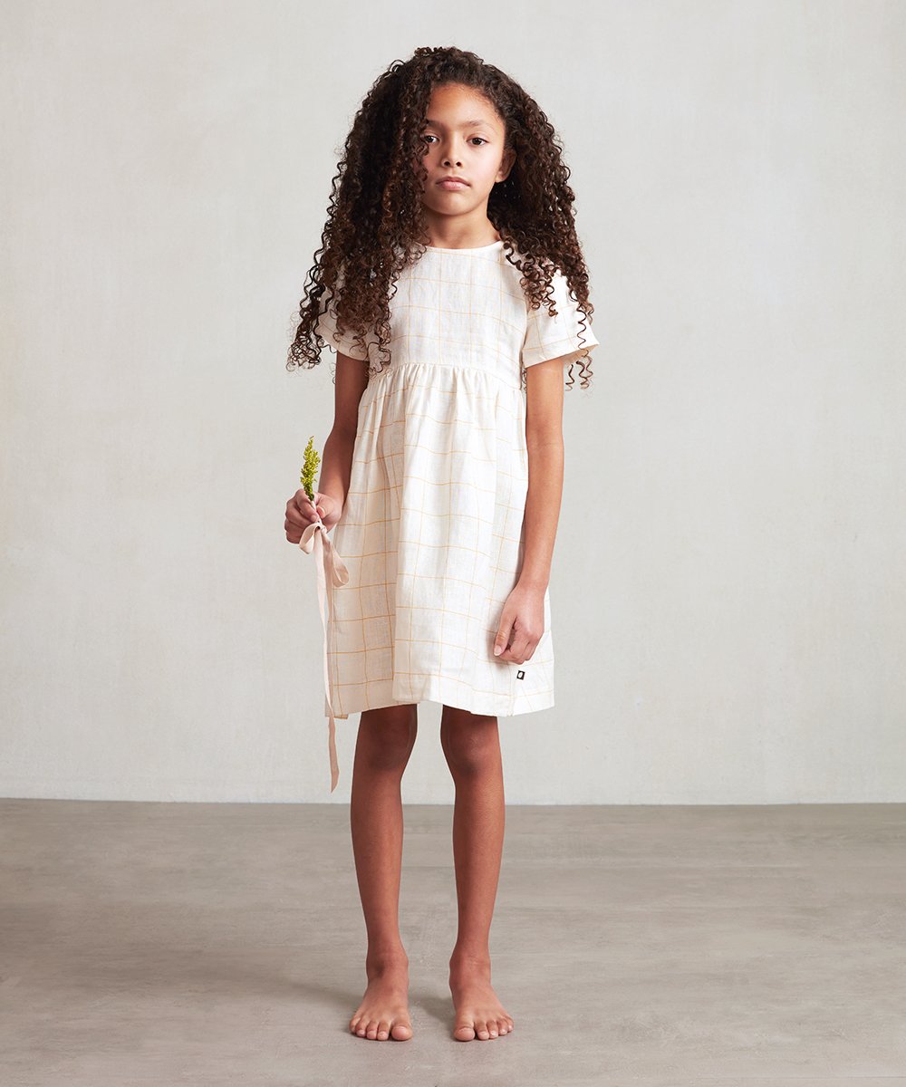 Girls White Check Linen Dress