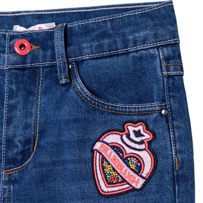 女童蓝色刺绣牛仔长裤