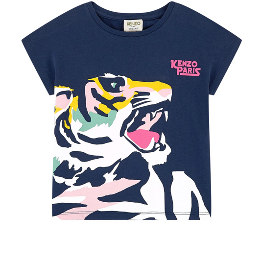 Girls Navy Tiger Cotton T-Shirt