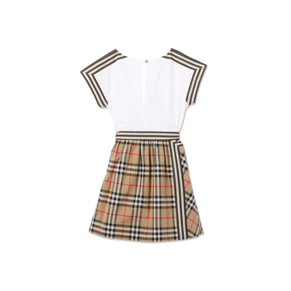 Girls Beige & White Check Cotton Dress