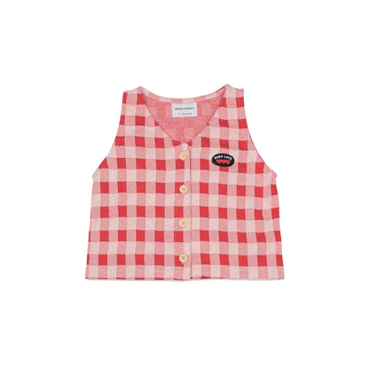 Girls Red Check Button Cotton Top