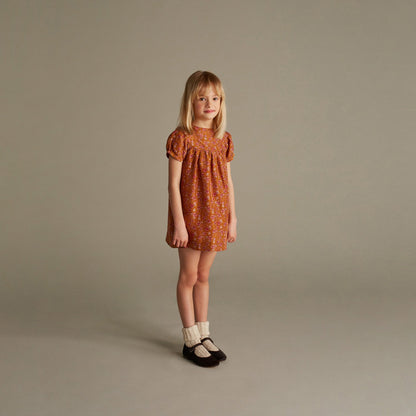 女童焦糖色碎花真丝连衣裙