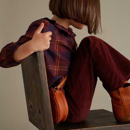 女童酒红色格子棉上衣