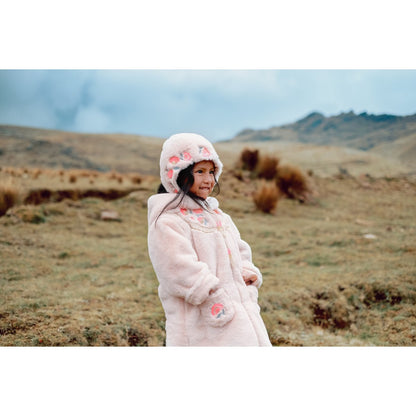 Girls Cream Embroidered Hooded Coat