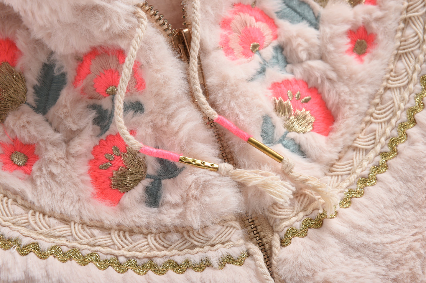 Girls Cream Embroidered Hooded Coat