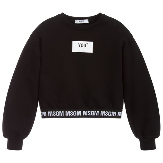 Girls Black Cropped Cotton Sweatshirt